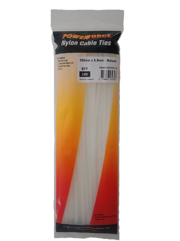 POWERFORCE Cable Tie Natural 300mm x 4.8mm Nylon Pack of 100. Made from U.L. Approved Nylon 6/6 with Flamability Rating of UL 94V-2