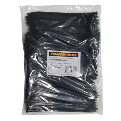 POWERFORCE Cable Tie Black UV 200mm x 2.8mm Weather Resistant Nylon. Pack of 1000. Made from U.L. Approved Nylon 6/6 with Flamability Rating of UL 94V-2.