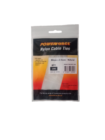 POWERFORCE Cable Tie Natural 80mm x 2.5mm Nylon Pack of 100. Made from U.L. Approved Nylon 6/6 with Flamability Rating of UL 94V-2