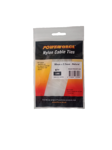 POWERFORCE Cable Tie Natural 80mm x 2.5mm Nylon Pack of 100. Made from U.L. Approved Nylon 6/6 with Flamability Rating of UL 94V-2