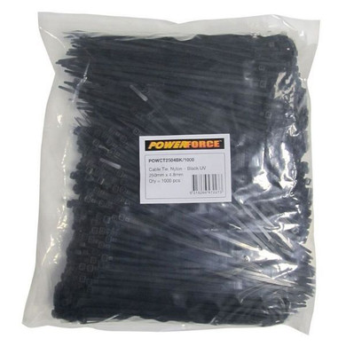 POWERFORCE Cable Tie Black UV 250mm x 4.8mm Weather Resistant Nylon. Pack of 1000. Made from U.L. Approved Nylon 6/6 with Flamability Rating of UL 94V-2.