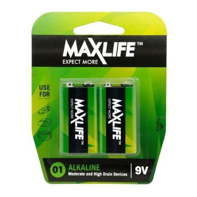 MAXLIFE 9V Alkaline Battery 2 Pack Long Lasting Alkaline Formula. Designed For Everyday and High Drainage Devices. Long Shelf Life. No Mercury or Cadmium.