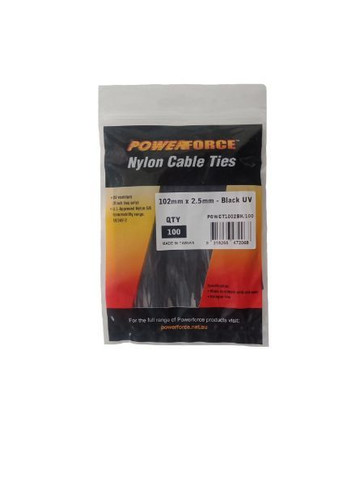POWERFORCE Cable Tie Black UV 102mm x 2.5mm Weather Resistant Nylon. Pack of 100. Made from U.L. Approved Nylon 6/6 with Flamability Rating of UL 94V-2.