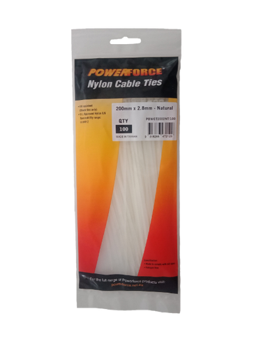 POWERFORCE Cable Tie Natural 200mm x 2.8mm Nylon Pack of 100. Made from U.L. Approved Nylon 6/6 with Flamability Rating of UL 94V-2