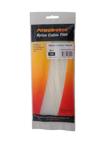 POWERFORCE Cable Tie Natural 200mm x 2.8mm Nylon Pack of 100. Made from U.L. Approved Nylon 6/6 with Flamability Rating of UL 94V-2