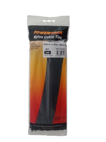 POWERFORCE Cable Tie Black UV 250mm x 4.8mm Weather Resistant Nylon. Pack of 100. Made from U.L. Approved Nylon 6/6 with Flamability Rating of UL 94V-2.