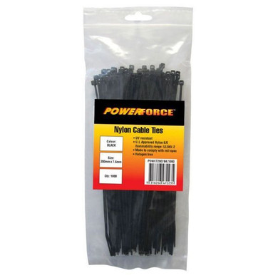 POWERFORCE Cable Tie Black UV 200mm x 7.6mm Weather Resistant Nylon. Pack of 100. Made from U.L. Approved Nylon 6/6 with Flamability Rating of UL 94V-2.
