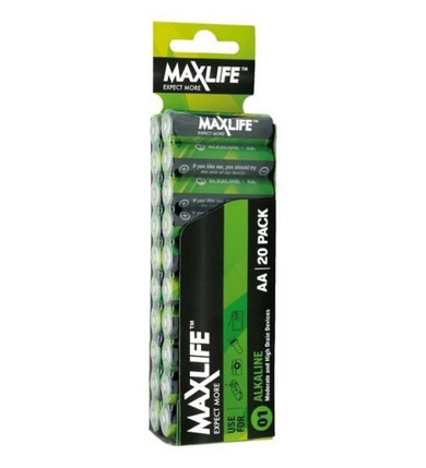 MAXLIFE AA Alkaline Battery 20 Pack Long Lasting Alkaline Formula. Designed For Everyday and High Drainage Devices. Long Shelf Life. No Mercury or Cadmium.