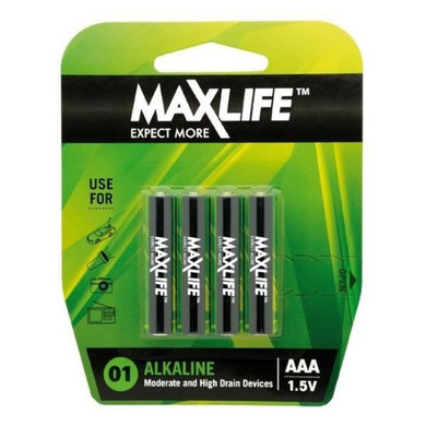 MAXLIFE AAA Alkaline Battery 4 Pack Long Lasting Alkaline Formula. Designed For Everyday and High Drainage Devices. Long Shelf Life. No Mercury or Cadmium.