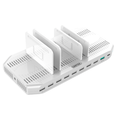 UNITEK 10-Port USB Smart Charging Station. (9 Port 2.4A USB-A + 1x Port QC 3.0 USB-A) Max Power: 160W Rapid charging. Over-charge, over voltage, over heating and short circuit protection. Y-2190