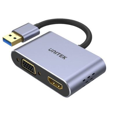 UNITEK USB-A to HDMI 2.0 & VGA Adapter with Dual Monitor Support. Screen Res up to 1920x1080P (FHD). Gold-Plated Connector & Ports. Aluminium-Alloy Housing. 15cm Cable. Space Grey Colour. V1304A