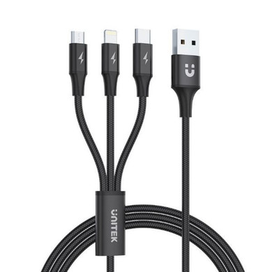 UNITEK 1.2m USB 3-in-1 Charge Cable. Integrated USB-A to Micro-B - Lightning Connector & USB-C Connector. Black Colour.