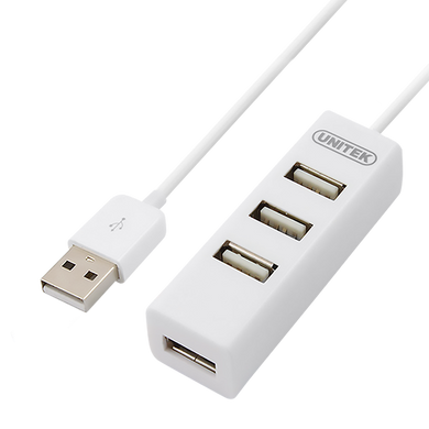 UNITEK USB-A 2.0 4-Port Hub. Plug & play. Backward compatible with USB1.1. Supports data transfer up to 480Mbps. White Colour.