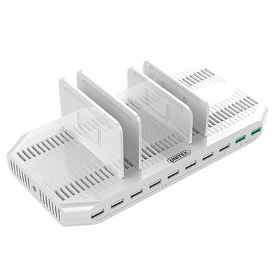 UNITEK 10 Port USB Smart Charging Station (8 Port 2.4A USB-A + 2x Port QC 3.0 USB-A). Max Power: 90W . Rapid charging. Over-charge, over voltage, over heating and short circuit protection. Y-2190A