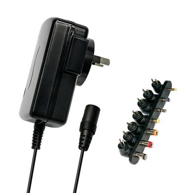 DYNAMIX 2.5A Switch Mode Power Adapter 3/5/6/7.5/ 9/12V DC. Includes 7x Interchangeable Power Connectors. 1.2m Cable.