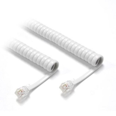DYNAMIX Curly Handset Cord WHITE, 4 Wire RJ22 to RJ22 Cable. 370mm Coiled, 3m Stretched. Reverse (cross over) wired