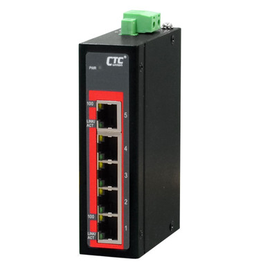 CTC UNION 5 Port Fast Ethernet Unmanaged Switch. -40C~+75C. 5x 10/100BaseT(X). Compact size. Power consumption V DC/W: 12/0.9 - 24/1.2 & 48/2. Dinmount kit included.