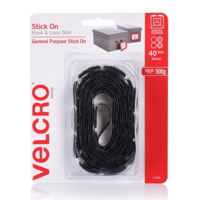 VELCRO Brand 22mm Stick On Hook & Loop Dots. Pack of 40. Designed for General Purpose Simple and Mess-Free. Attach Light Weight Items up To 500g. Perfect for Art - Remote Controls - Signs etc. Black