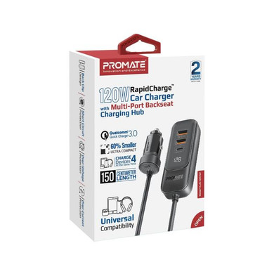PROMATE 120W In-Car Device Charger with Backseat 3 Port Charging Hub. Includes 2x USB-C & 2x USB-A Ports. Supports 30W QC3.0. LED DIsplay, 1.5m Cable, Ultra Small & Compact. Charge 4x Devices Simultaneously.
