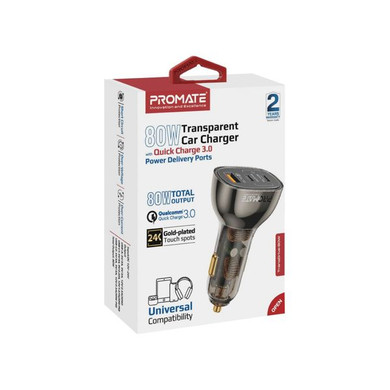 PROMATE 80W Quick Charging In-Car Adapter for Tablets & Smartphones. 30W & 20W PD USB-C Ports. Gold-Plated, Transparent Design, Dual USB-C Ports, Quick Charge (QC) USB-A Port, Charge 3x Devices.