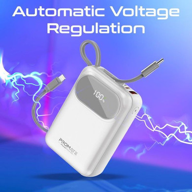 PROMATE 20000mAh Ultra Compact 35W SuperSpeed Power Bank with Built-in USB-C & Lightning Cables. 35W PD, USB-C In/Out. LED Battery Display. Automatic Voltage Regulation. White Colour.