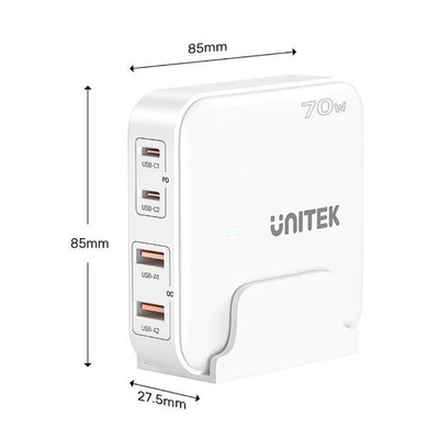 UNITEK 70W Desktop GaN Charging Station with 2x USB-C PD Ports & 2x USB-A QC3.0 Ports. Built-in Smart Protection. Includes Slim Cradle. Charge 4 Devices Simultaneously. 1.5m Power Cord. White Colour