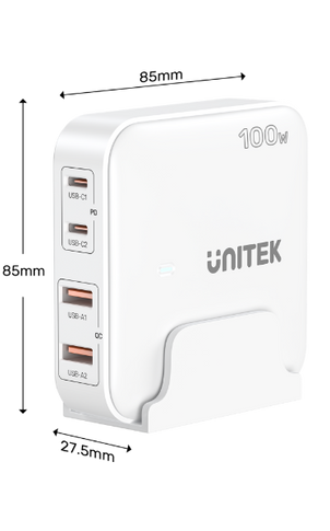 UNITEK 100W Desktop GaN Charging Station with 2x USB-C PD Ports & 2x USB-A QC3.0 Ports. Built-in Smart Protection. Includes Slim Cradle. Charge 4 Devices Simultaneously. 1.5m Power Cord. White Colour
