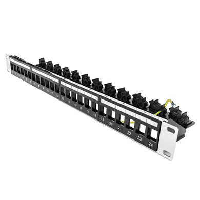 DYNAMIX 24 Port 19'' 1RU STP / UTP Unloaded Keystone Patch Panel with Rear Cable Management bar. Grounding Wire Included.RoHs Numbered 1-24.with plastic labelling Kit