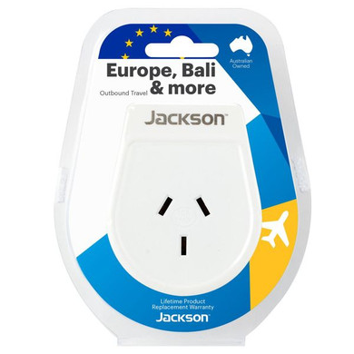 JACKSON Slim Outbound Travel Adaptor for use in Europe/Bali. 3-Pin NZ/AUS Plugs.   