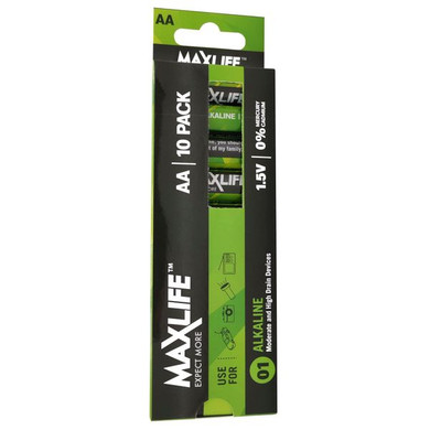 MAXLIFE AA Alkaline Battery 10 Pack Long Lasting Alkaline Formula. Designed For Everyday and High Drainage Devices. Long Shelf Life. No Mercury or Cadmium. 