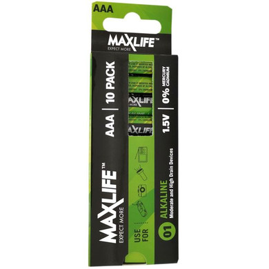 MAXLIFE AA A Alkaline Battery 10 Pack Long Lasting Alkaline Formula. Designed For Everyday and High Drainage Devices. Long Shelf Life. No Mercury or Cadmium. 