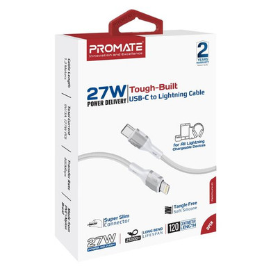 PROMATE 1.2m 27W PD USB-C to Lightning Cable, Tangle-Free Silicone, Grey FLETCHLINK-CI.GR