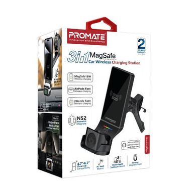 PROMATE 15W 3-in-1 MagSafe Car Charger Mount with AirPods & Apple Watch Support, LED Indicator, 1m Cable MAGDRIVE-TRIO