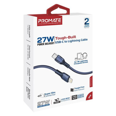PROMATE 1.2m 27W PD USB-C to Lightning Cable, Tangle-Free Silicone, Blue FLETCHLINK-CI.BL