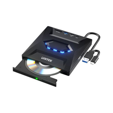 UNITEK 5-in-1 Optical Drive & USB Hub, CD/DVD Reader/Burner, 2 USB-A Ports, SD Card Reader, Plug & Play, 30cm Cable T1037A
