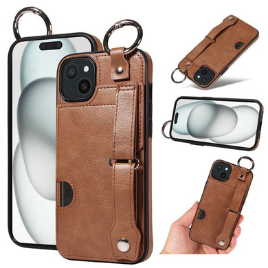 Apple iPhone 15 Plus Hand Strap PU Card Case Brown