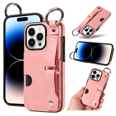 Apple iPhone 14 Pro Hand Strap PU Card Case Pink