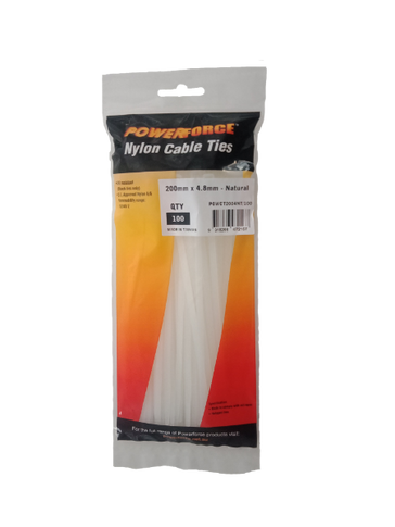POWERFORCE Cable Tie Natural 200mm x 4.8mm Nylon Pack of 100. Made from U.L. Approved Nylon 6/6 with Flamability Rating of UL 94V-2