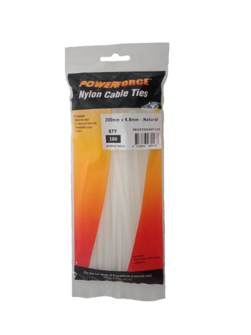 POWERFORCE Cable Tie Natural 200mm x 4.8mm Nylon Pack of 100. Made from U.L. Approved Nylon 6/6 with Flamability Rating of UL 94V-2