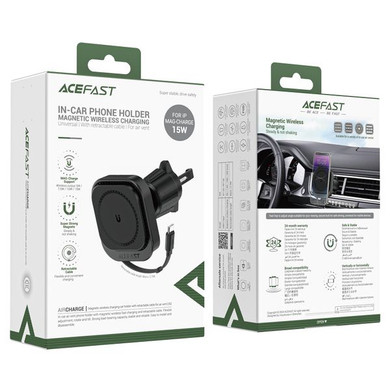 Acefast 15W Magnetic Wireless Charging Air Vent Phone Holder w/ Built-in Retractable Cable (D32)