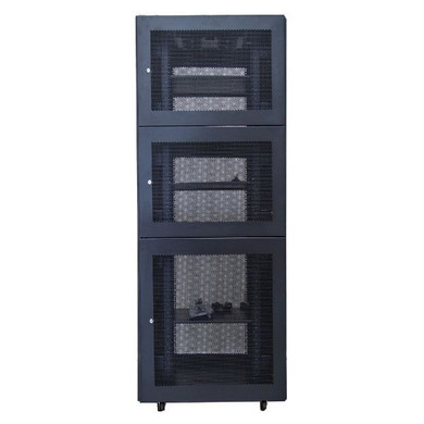 DYNAMIX 45RU Co-Location Server Cabinet with 3 Compartments. 1000mm Deep (800 x 1000 x 2210mm). Split Bottom to top 18U 12U 12U. Welded fixed side panels Lock 19mm cut out only. Fans - 3 shelves - 100mm Managm