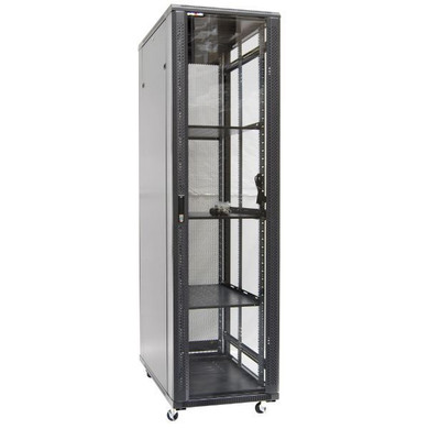 DYNAMIX 45RU Server Cabinet 1200mm Deep (600 x 1200 x 2210mm) Includes 3x Fixed Shelves - 4x Fans - 25x Cage Nuts - 4x Castors & 4x Level Feet. 800kg static load. Glass front door mesh rear door. 6-Way PDU installed