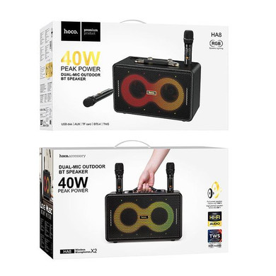 Hoco 40W Peak Power Bluetooth Speaker w/ 2 Wireless Microphone, RGB Light (HA8) 