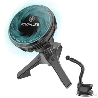 PROMATE 15W ActiveCool Cradleless Magsafe Compatible Wireless Charger Mount. Includes Gooseneck Dash & AC Vent Mount. Cools Device upto 15c, 360 Rotatable Design, Anti-Shake Design.