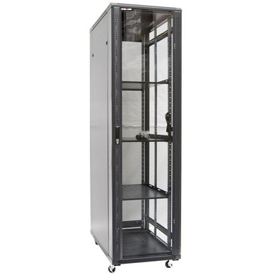 DYNAMIX 45RU Server Cabinet 1000mm Deep (600x1000x2210mm) FLAT PACK Includes 3x Fixed Shelves - 4x Fans - 25x Cage Nuts - 4x Castors - Level feet 800kg static load. Glass front door mesh rear door. 6-Way PDU