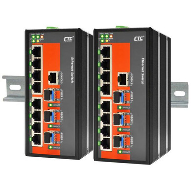 CTC UNION 8 Port Fast Ethernet Managed Switch. -40C~+75C. 8x 10/100Base-T(X) - plus 3x 100/ 1000Base-X SFP (Total 11x ports). Power consumption V DC/W:12/6.5 - 24 /7 & 48/8.6. Dinmount kit included. 