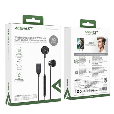 Acefast Ergonomic USB-C Earphone Universal w/ Digital Microchip, Nylon Wire (L2) Black 