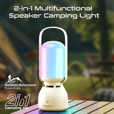 PROMATE 2-in-1 Portable Camping LED Multifunctional Speaker & Light. 2400mAh Built-in Battery, 5W Bluetooth Speaker, 100lm LED Brightness, 7hrs Playback, 10 LED Light Modes, In-Built Hanging Hook.
