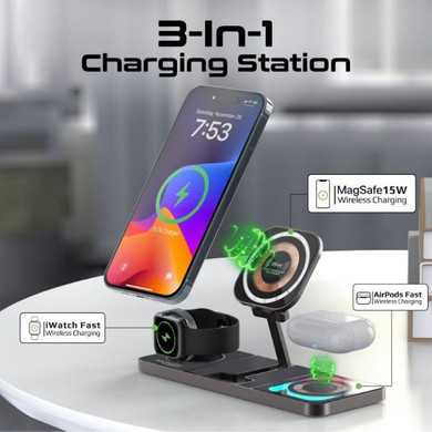 PROMATE 3-in-1 Ultra-Slim 15W MagSafe Wireless Charging Station. 3W Apple Watch Charger, 5W Wireless AirPods Charger, 15W MagSafe Charger, RGB Lightning, Includes 1.2m Cable, Transparent.