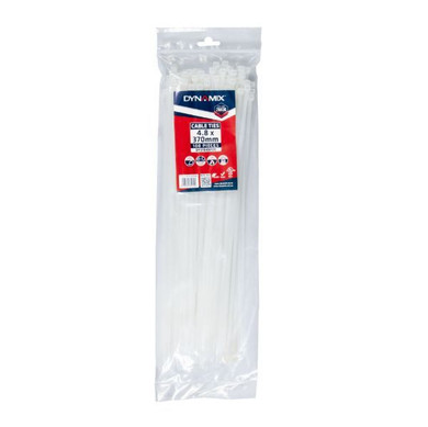 DYNAMIX 4.8 x 370mm Natural Cable Ties. Pack of 100. 230N/23.4kgs Tensile Strength. Made from U.L. Approved Nylon 6/6 with Flamability Rating of UL 94V-2 